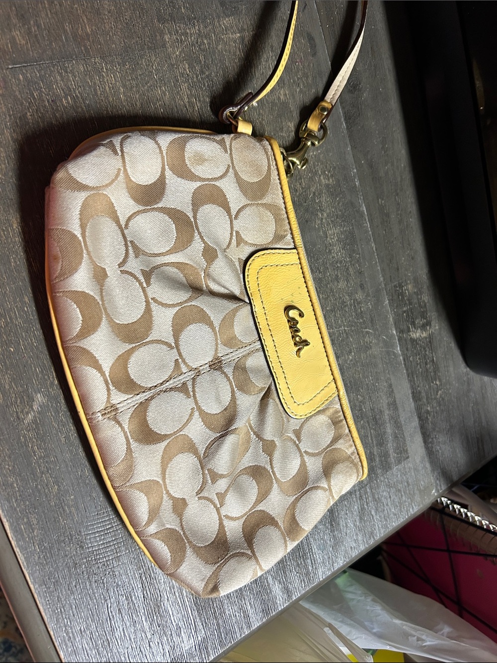 Coach Beige Signature Wristlet with Yellow Trim